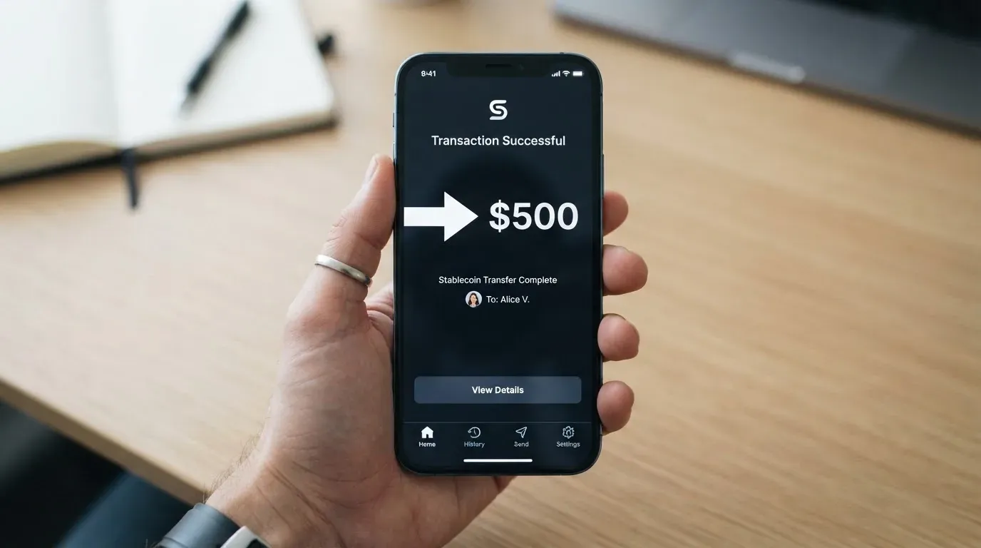 A phone showing a stablecoin transfer screen
