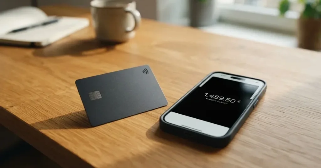 A payment card next to a phone with a crypto wallet app open