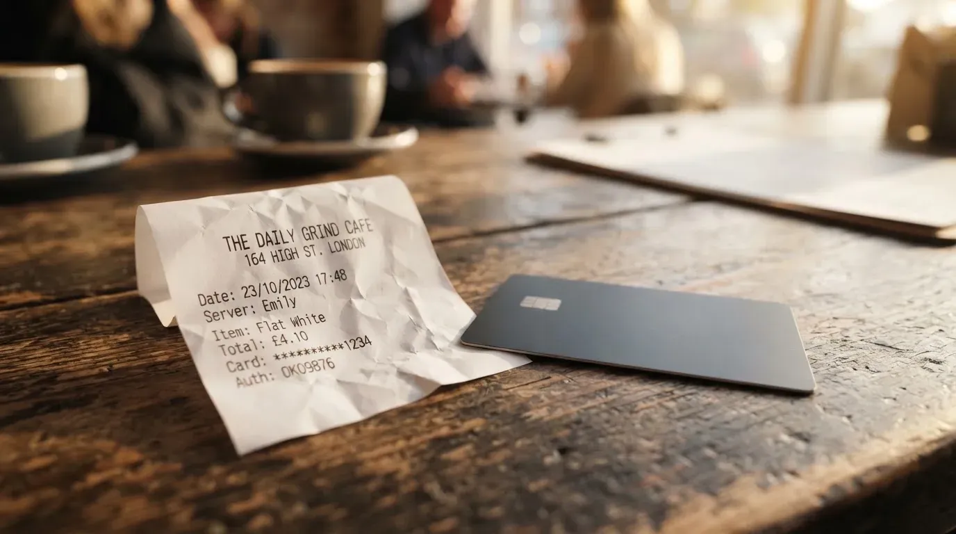 A receipt and a card on a café table