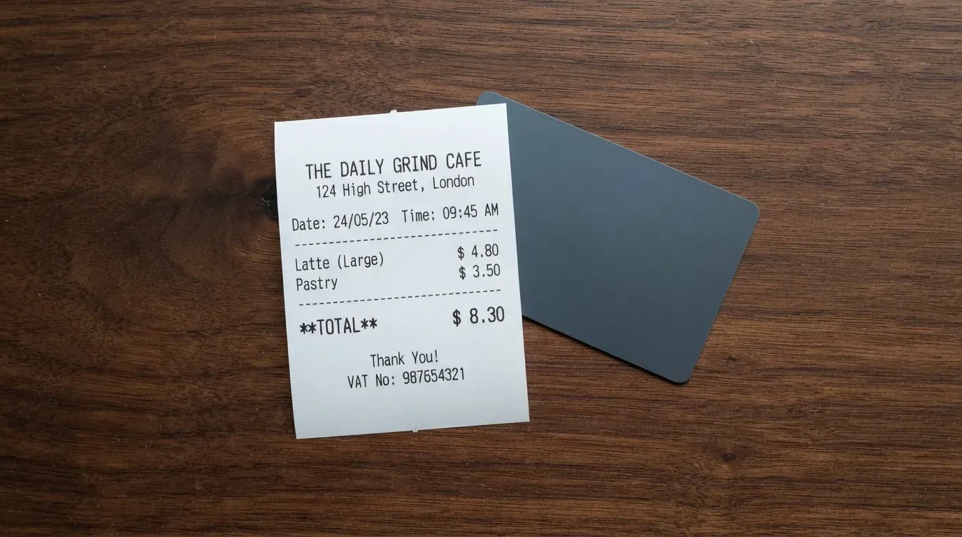 A receipt and a card on a café table