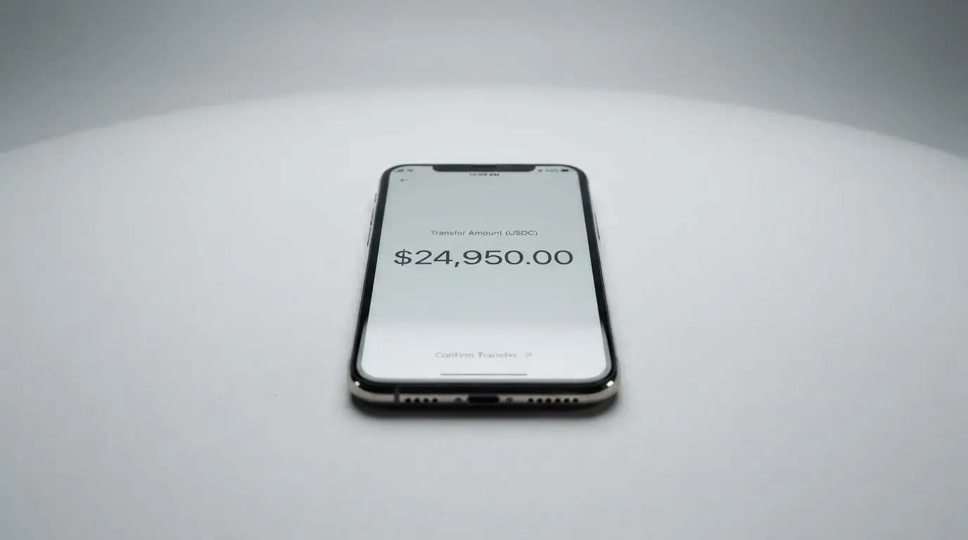 A phone showing a stablecoin transfer screen