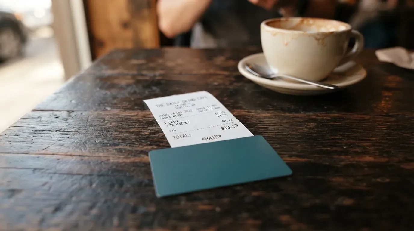 A receipt and a card on a café table