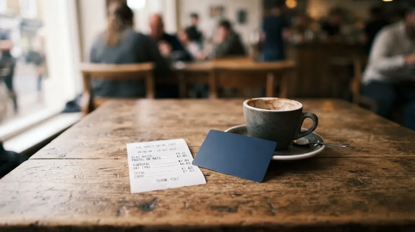 A receipt and a card on a café table