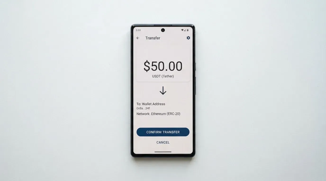 A phone showing a stablecoin transfer screen