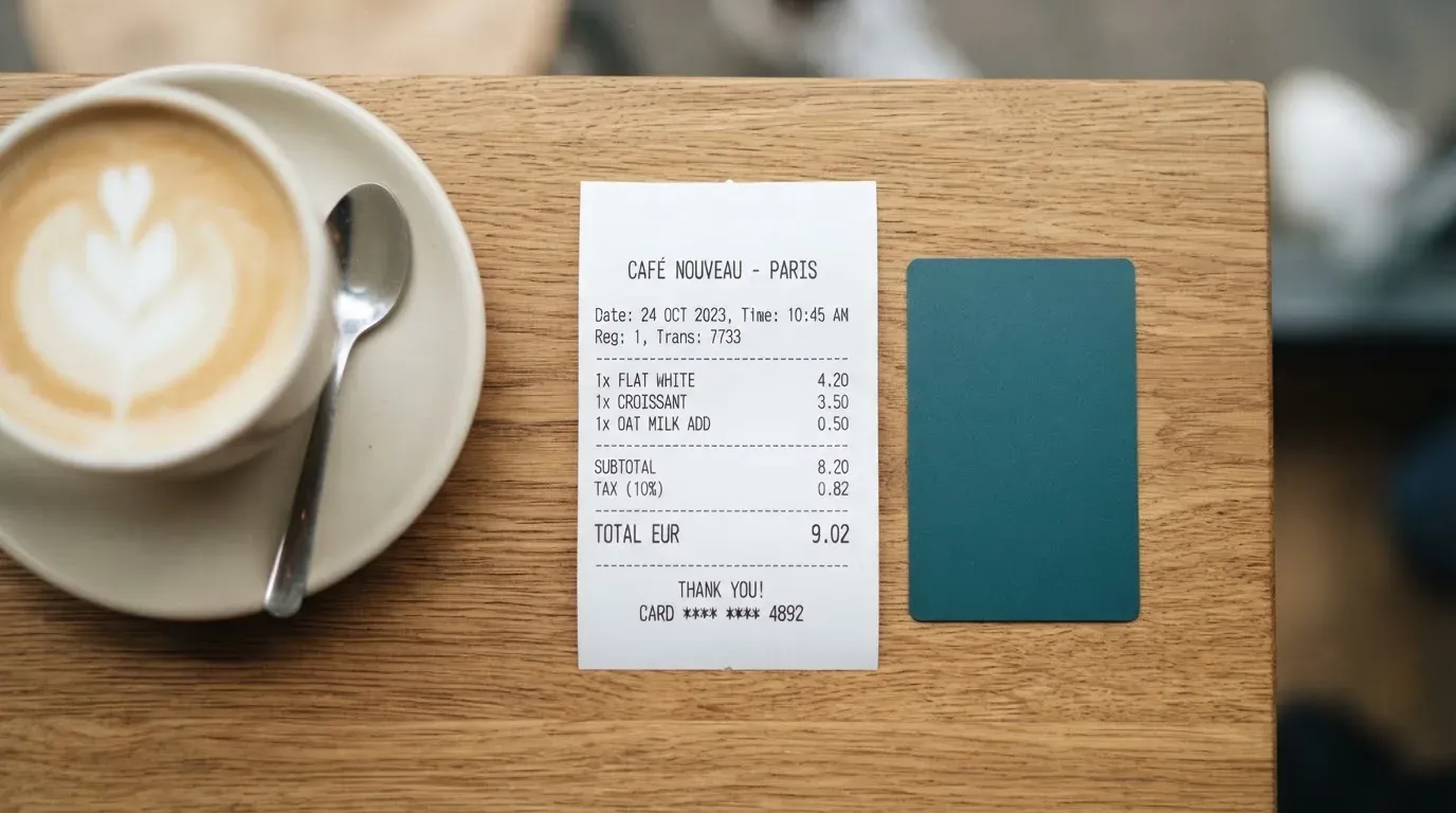 A receipt and a card on a café table
