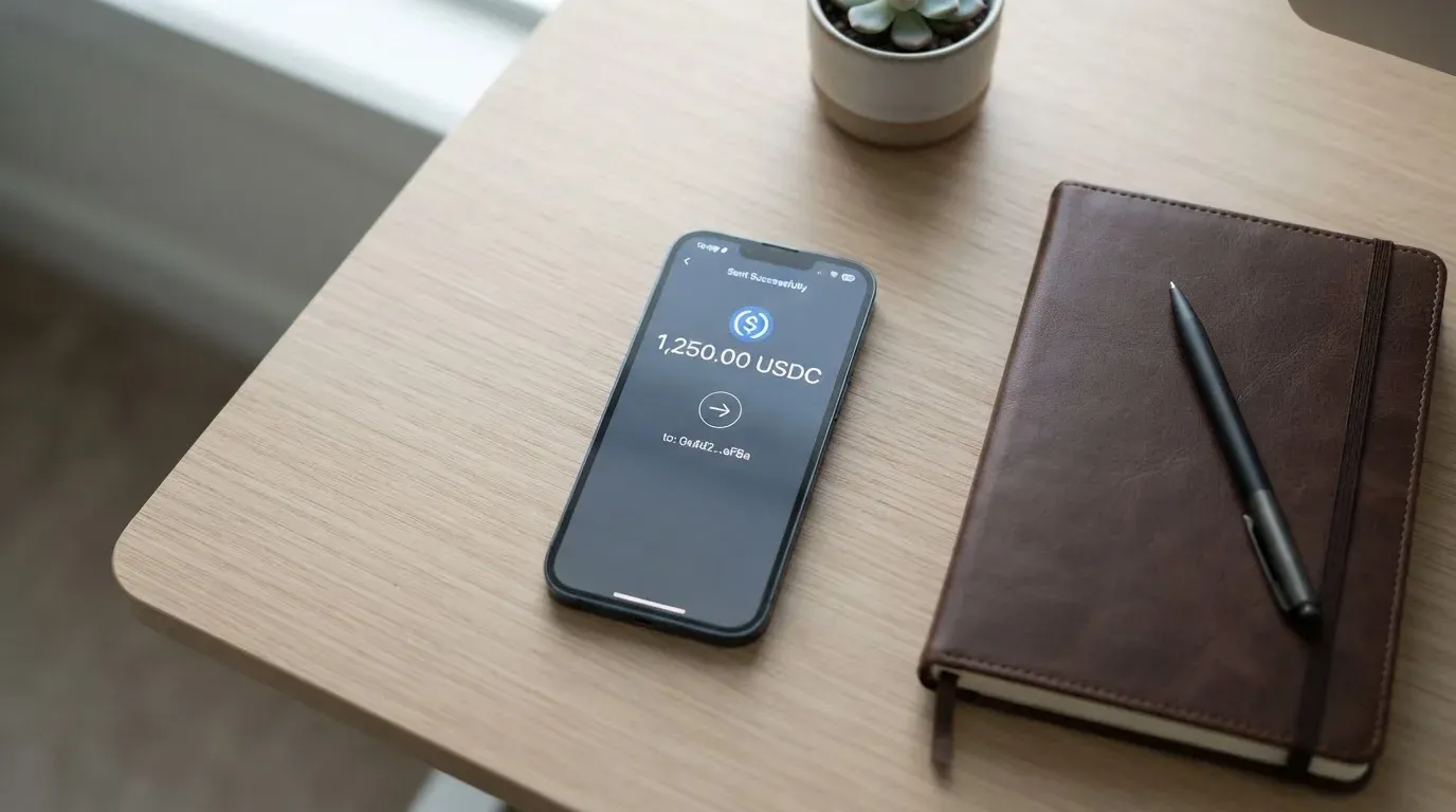 A phone showing a stablecoin transfer screen