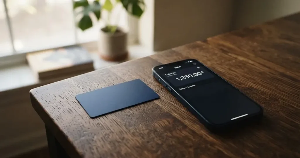 A payment card next to a phone with a crypto wallet app open