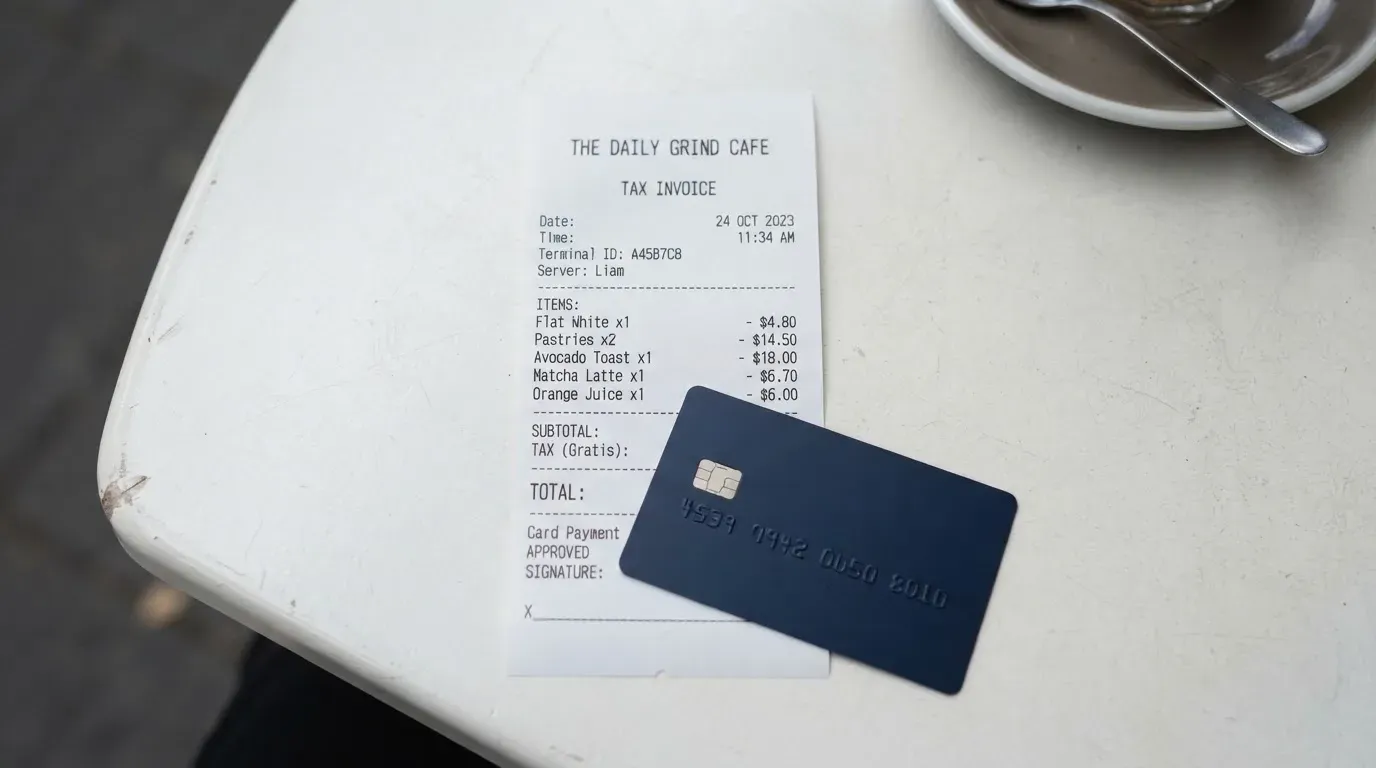 A receipt and a card on a café table