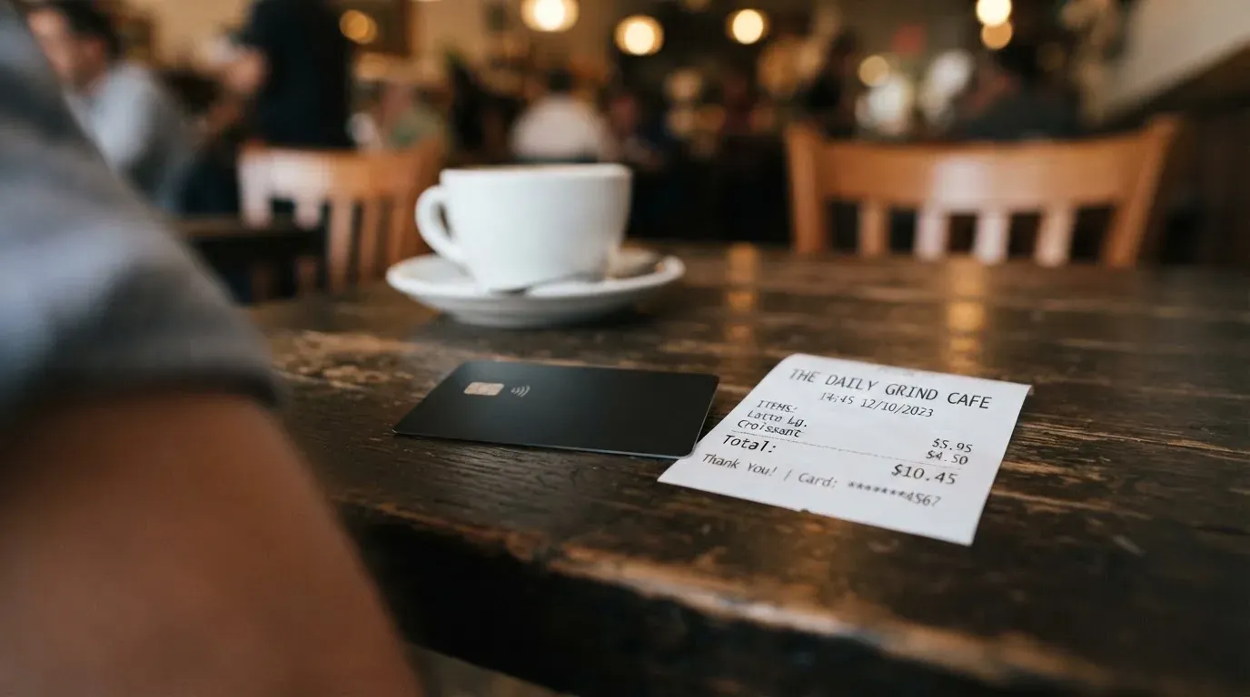A receipt and a card on a café table