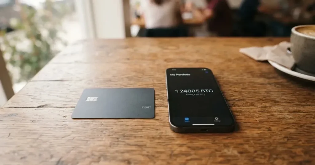 A payment card next to a phone with a crypto wallet app open