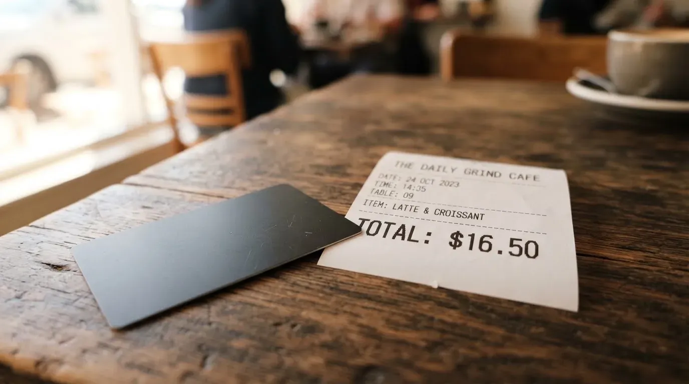 A receipt and a card on a café table