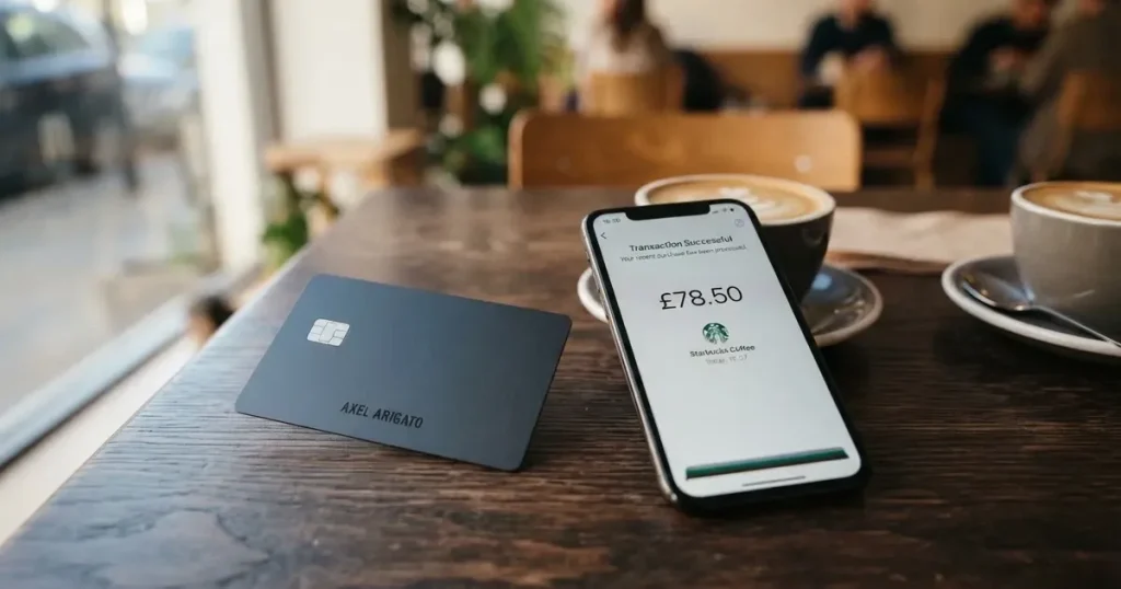 A payment card next to a phone with a crypto wallet app open