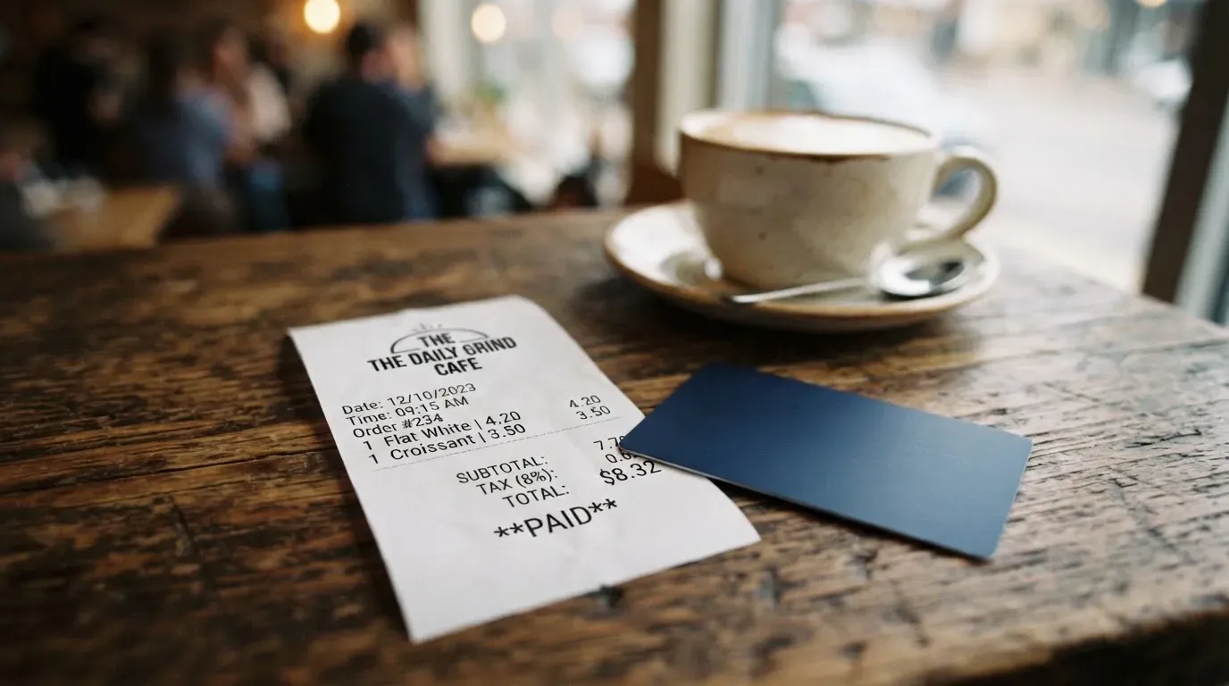 A receipt and a card on a café table