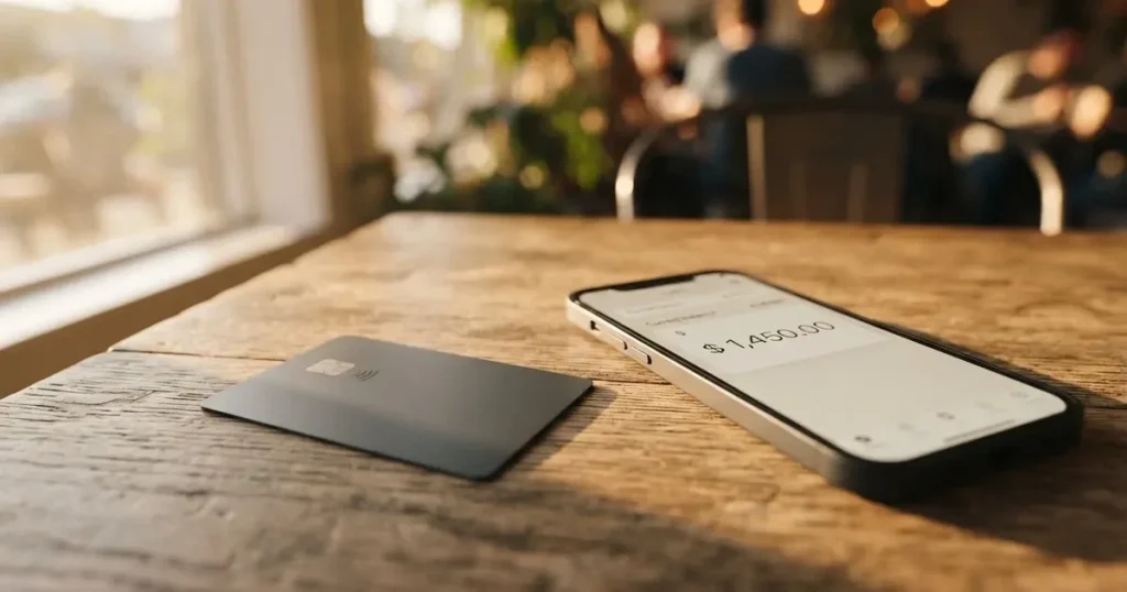 A payment card next to a phone with a crypto wallet app open