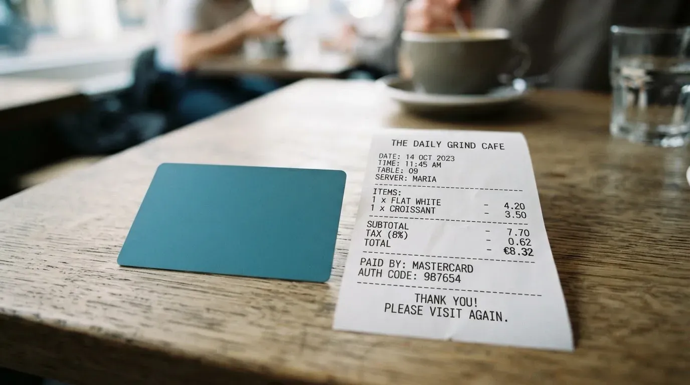 A receipt and a card on a café table