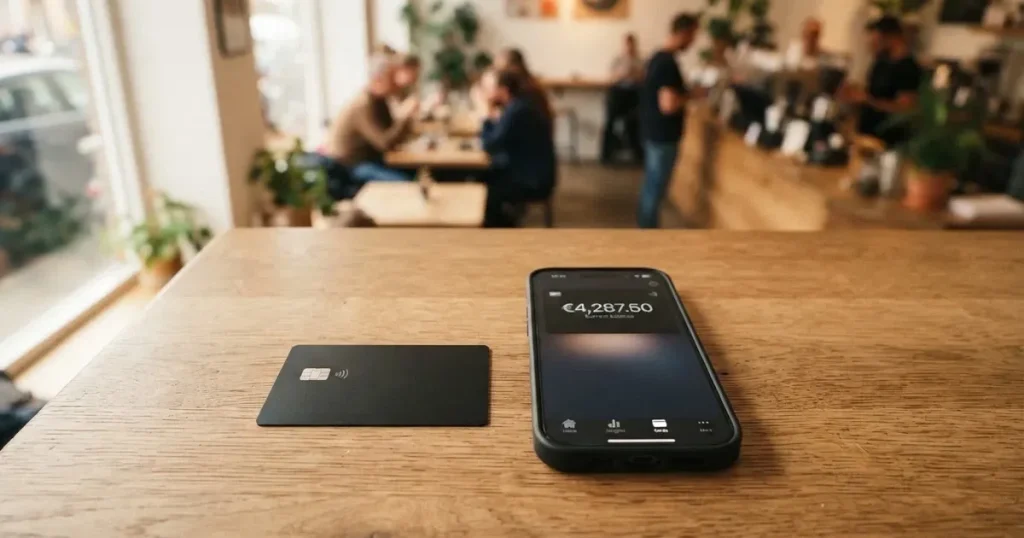 A payment card next to a phone with a crypto wallet app open