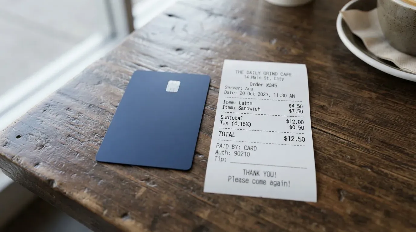 A receipt and a card on a café table