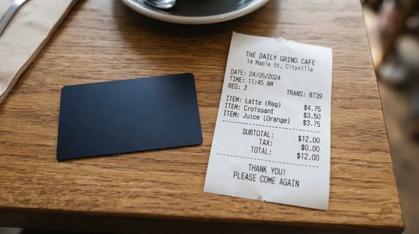 A receipt and a card on a café table