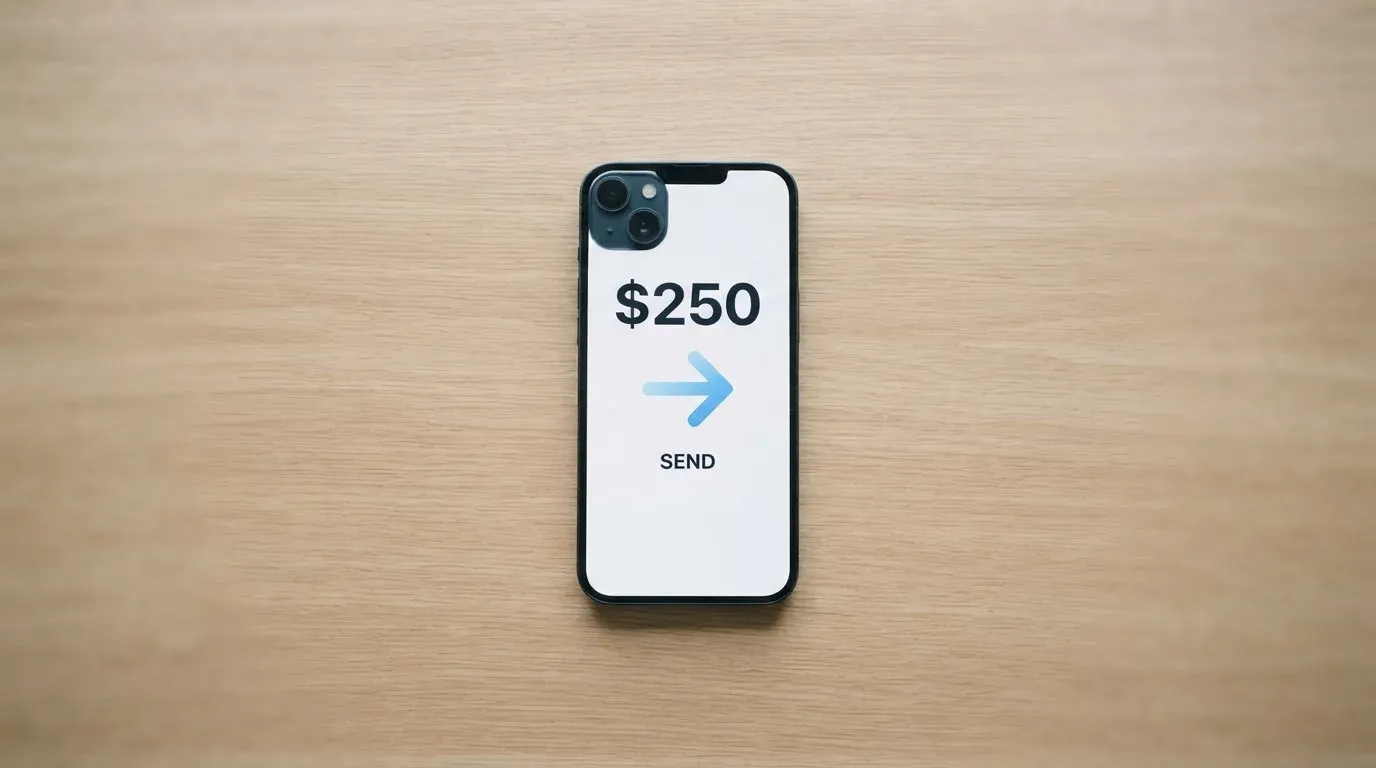 A phone showing a stablecoin transfer screen