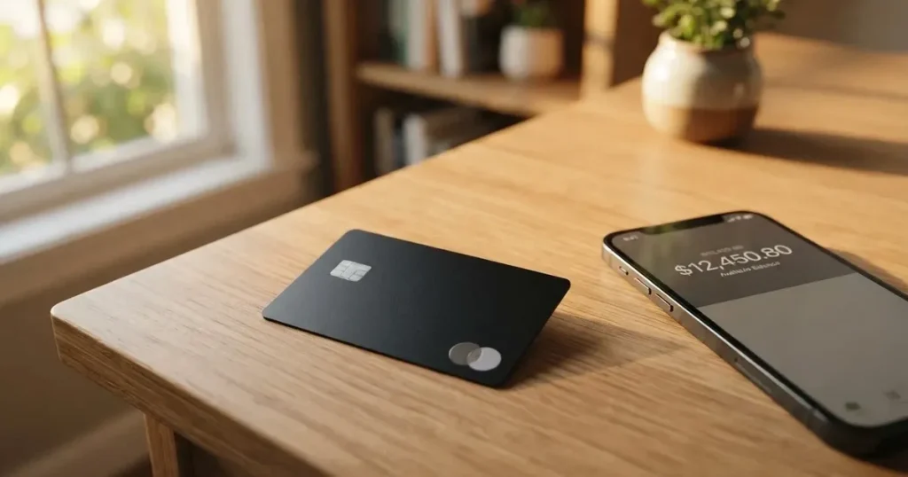 A payment card next to a phone with a crypto wallet app open