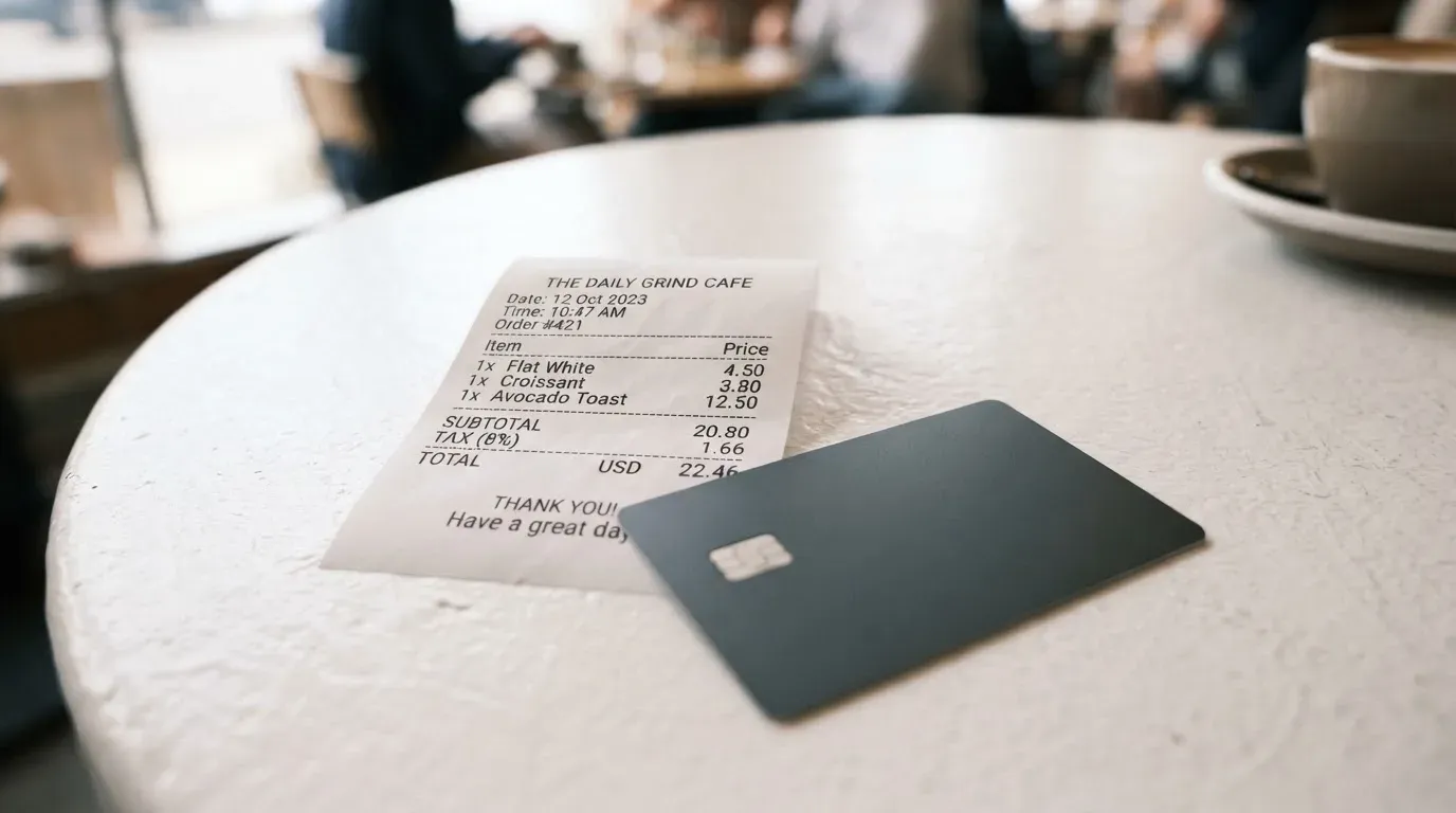 A receipt and a card on a café table