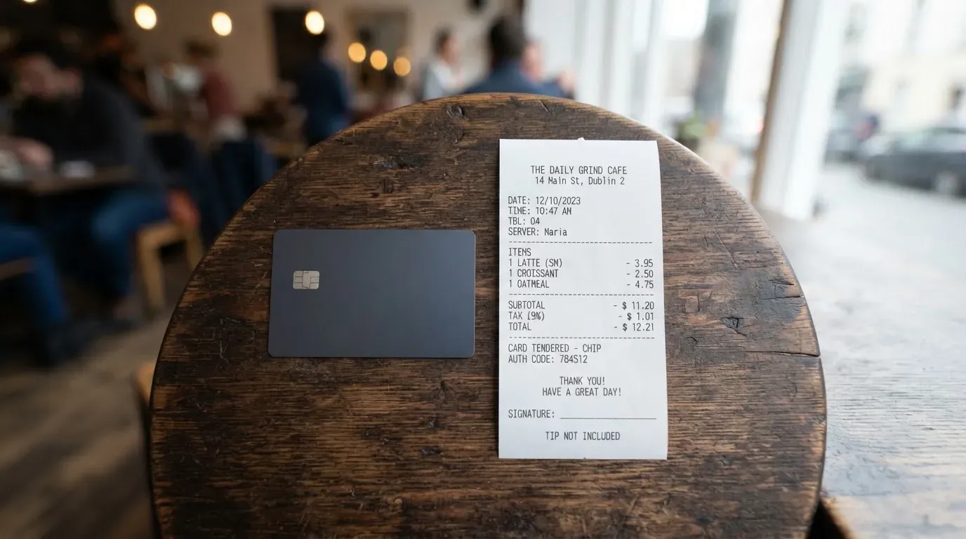 A receipt and a card on a café table