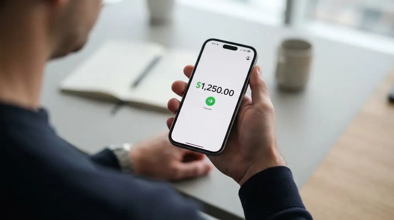 A phone showing a stablecoin transfer screen