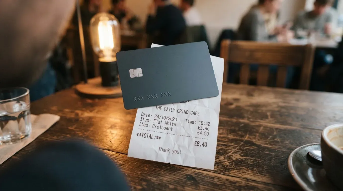 A receipt and a card on a café table