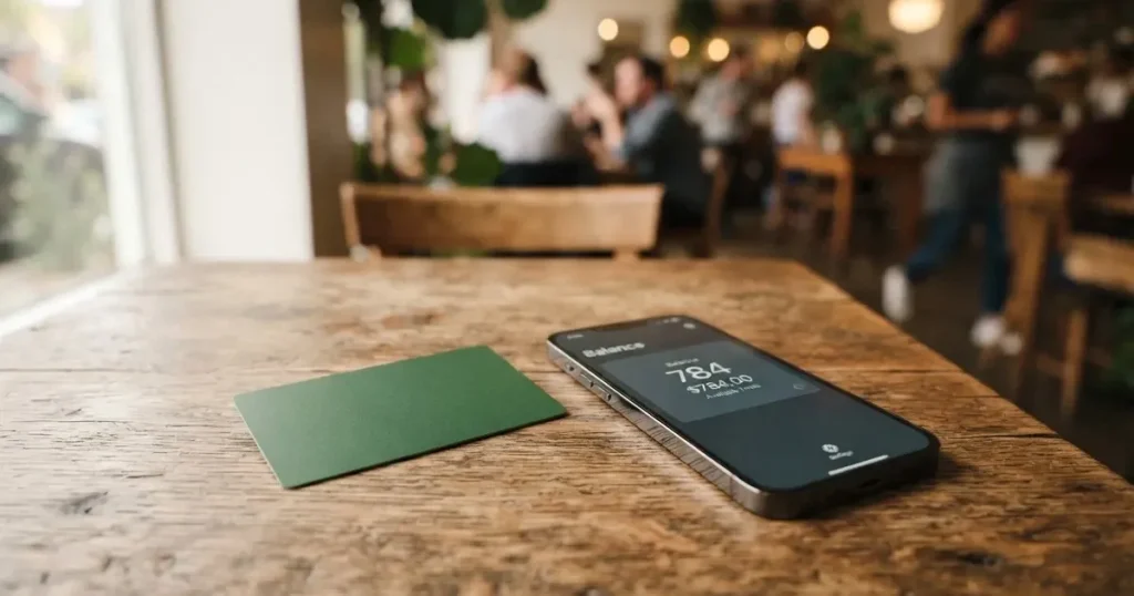 A payment card next to a phone with a crypto wallet app open