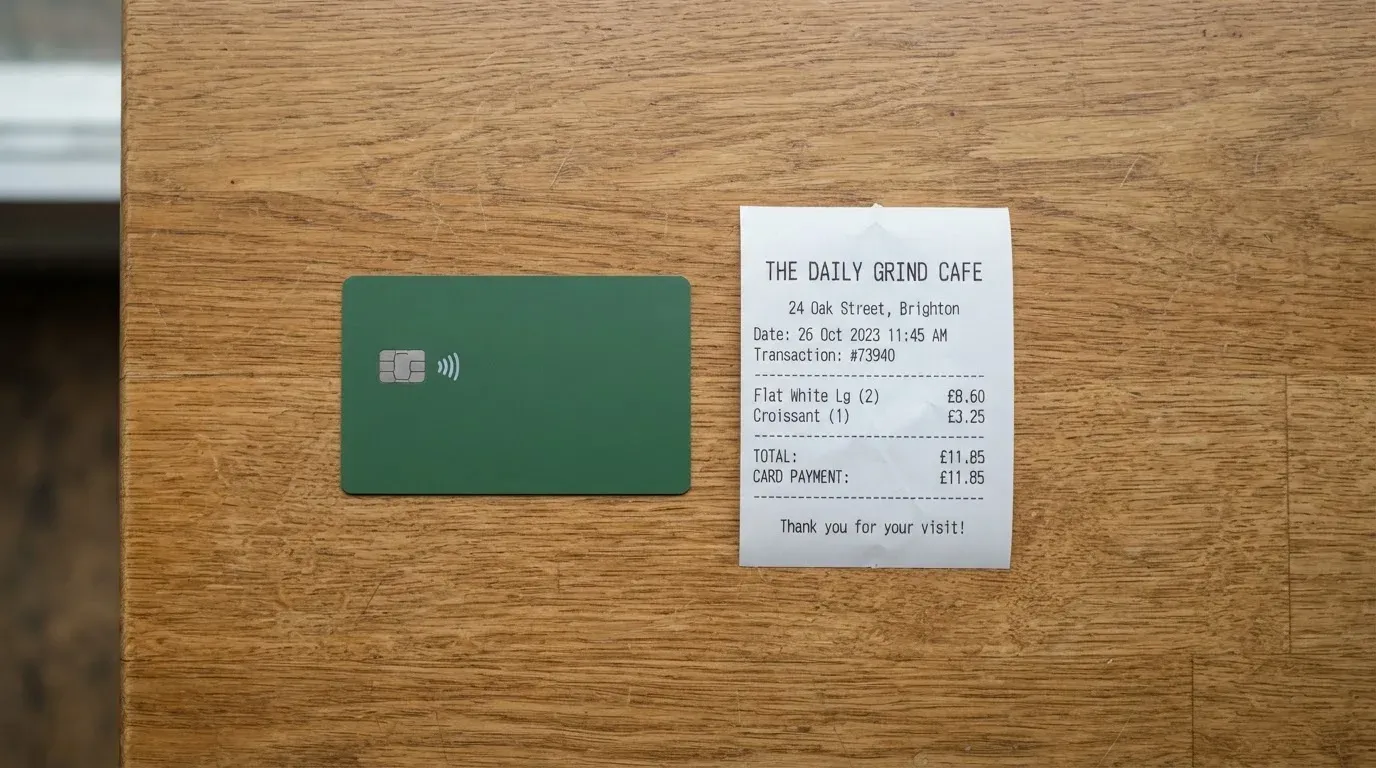 A receipt and a card on a café table