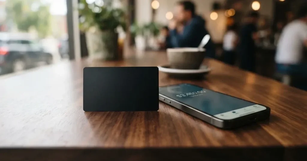 A payment card next to a phone with a crypto wallet app open