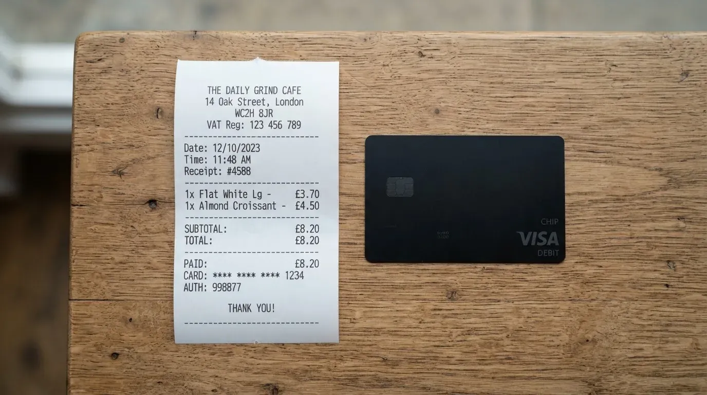A receipt and a card on a café table