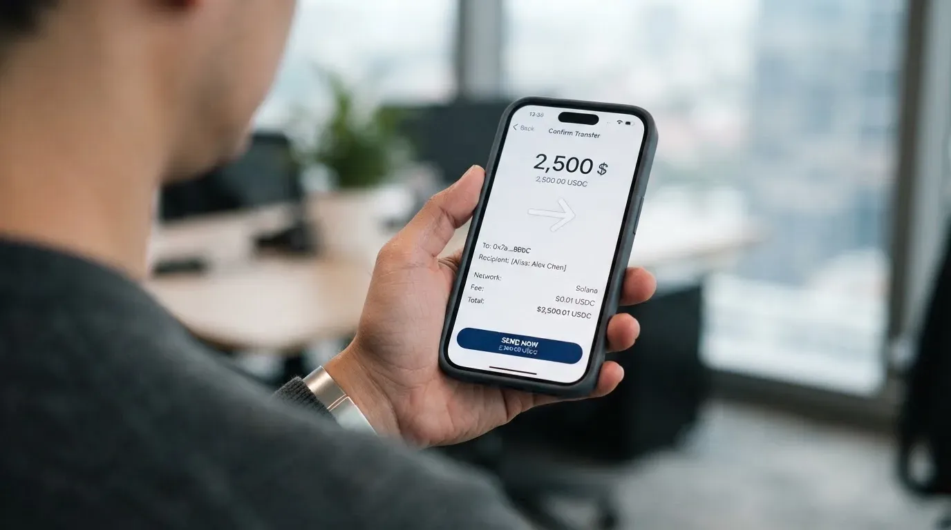 A phone showing a stablecoin transfer screen