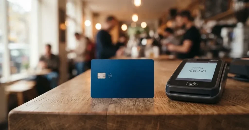 A payment card next to a phone with a crypto wallet app open