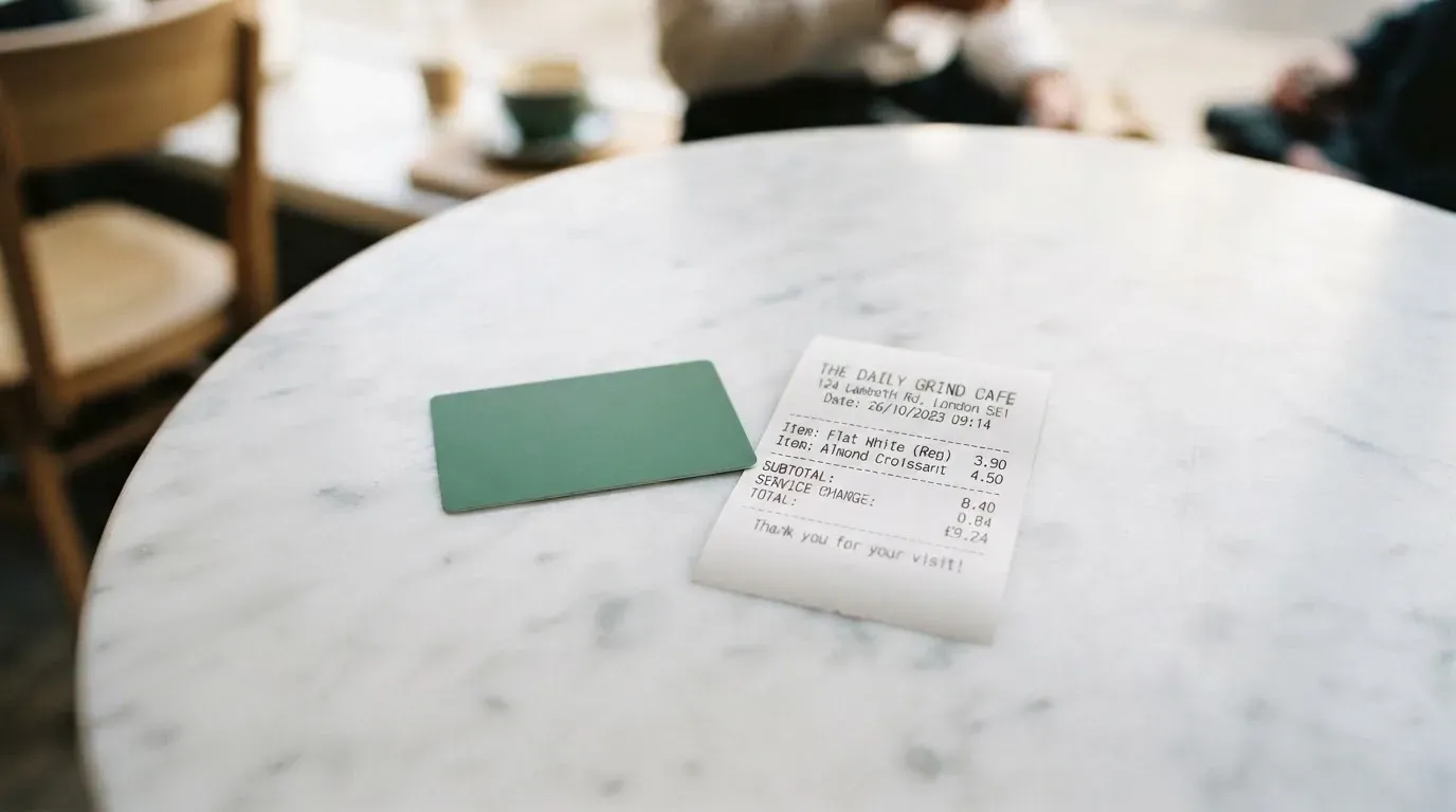 A receipt and a card on a café table