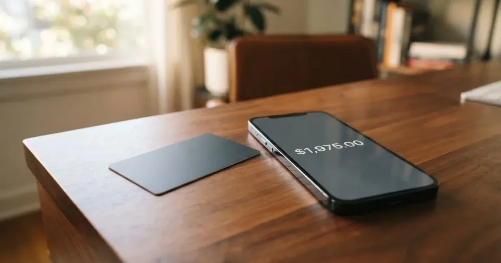 A payment card next to a phone with a crypto wallet app open