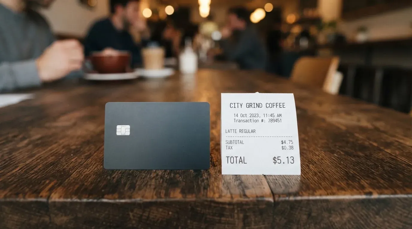 A receipt and a card on a café table