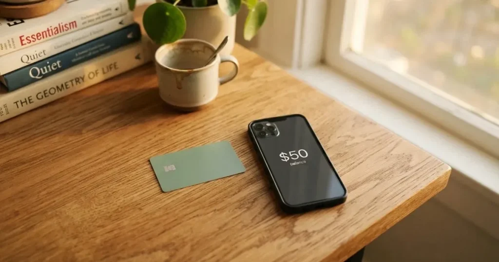 A payment card next to a phone with a crypto wallet app open