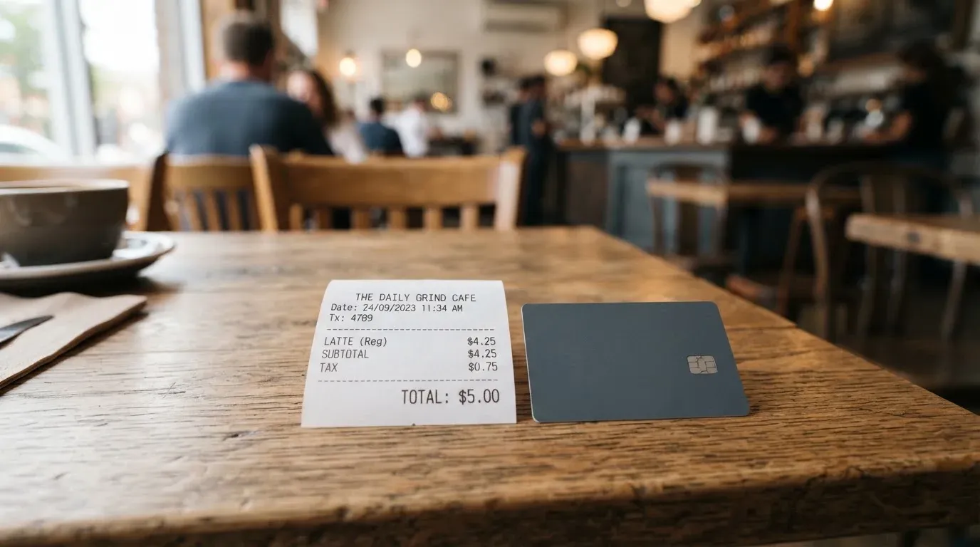 A receipt and a card on a café table