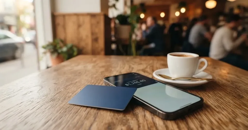 A payment card next to a phone with a crypto wallet app open