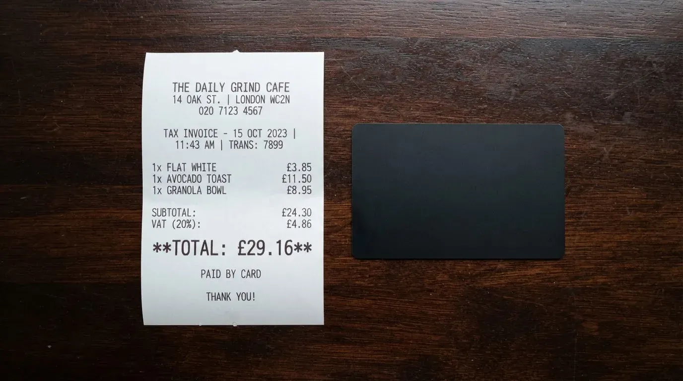 A receipt and a card on a café table