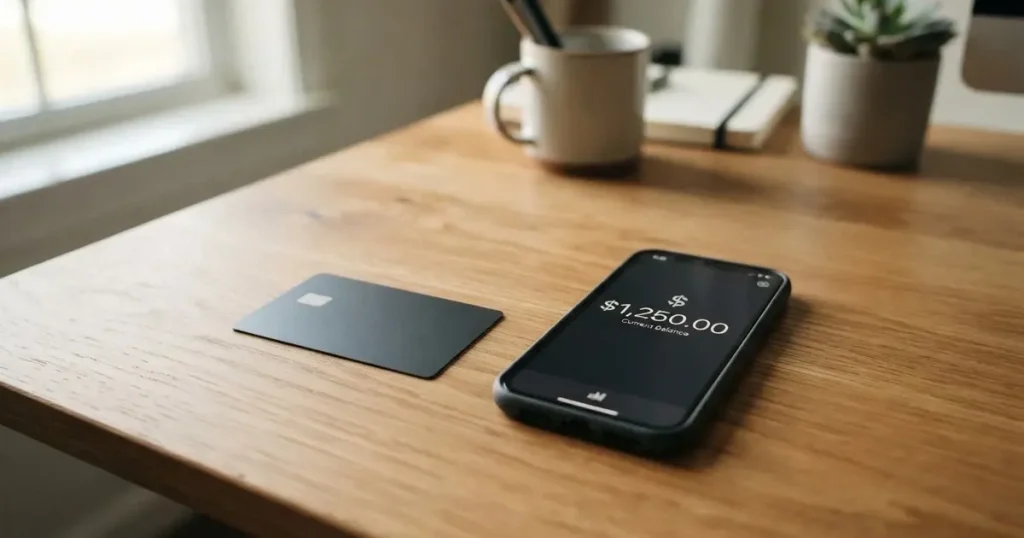 A payment card next to a phone with a crypto wallet app open