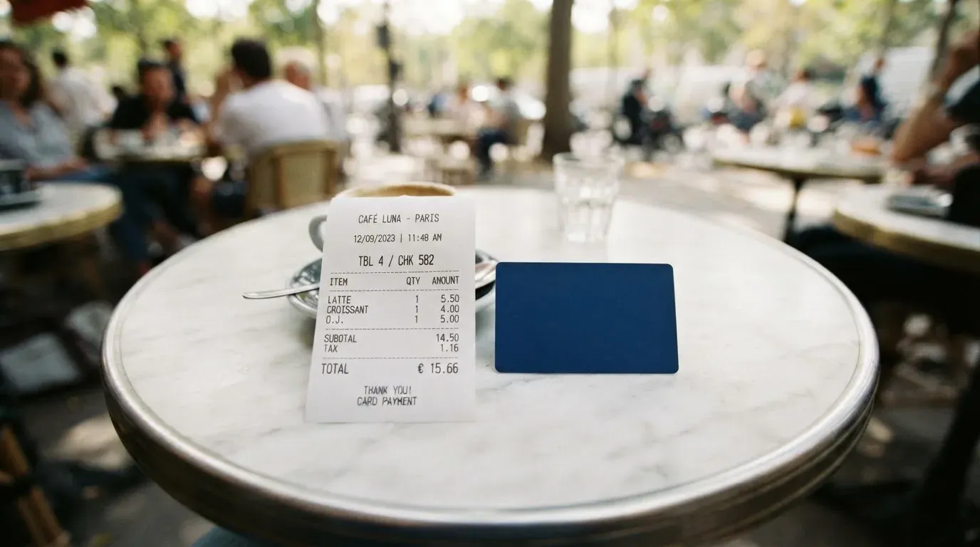 A receipt and a card on a café table