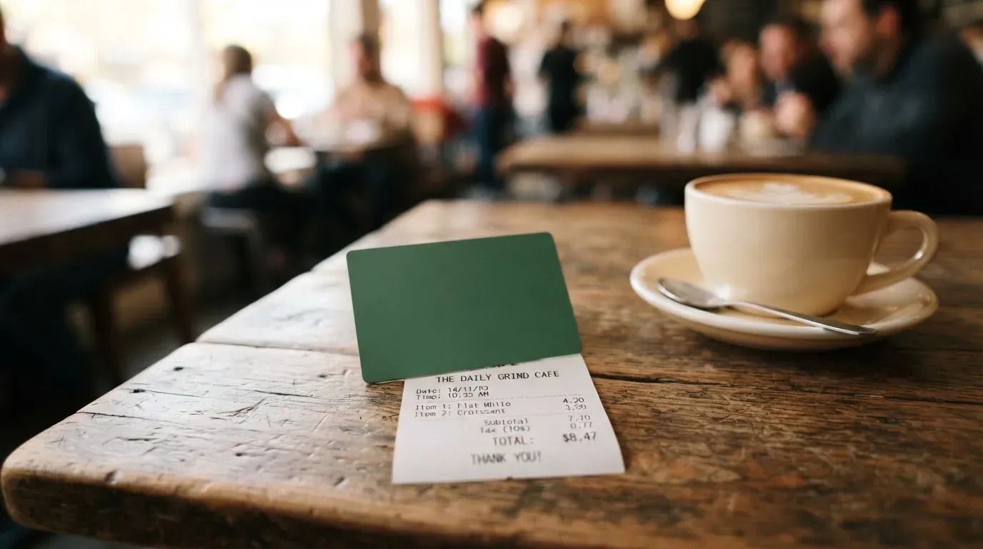 A receipt and a card on a café table