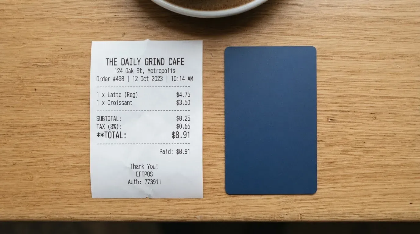 A receipt and a card on a café table