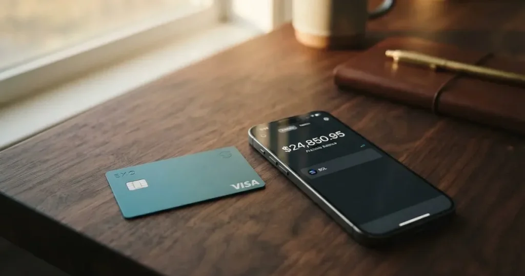 A payment card next to a phone with a crypto wallet app open
