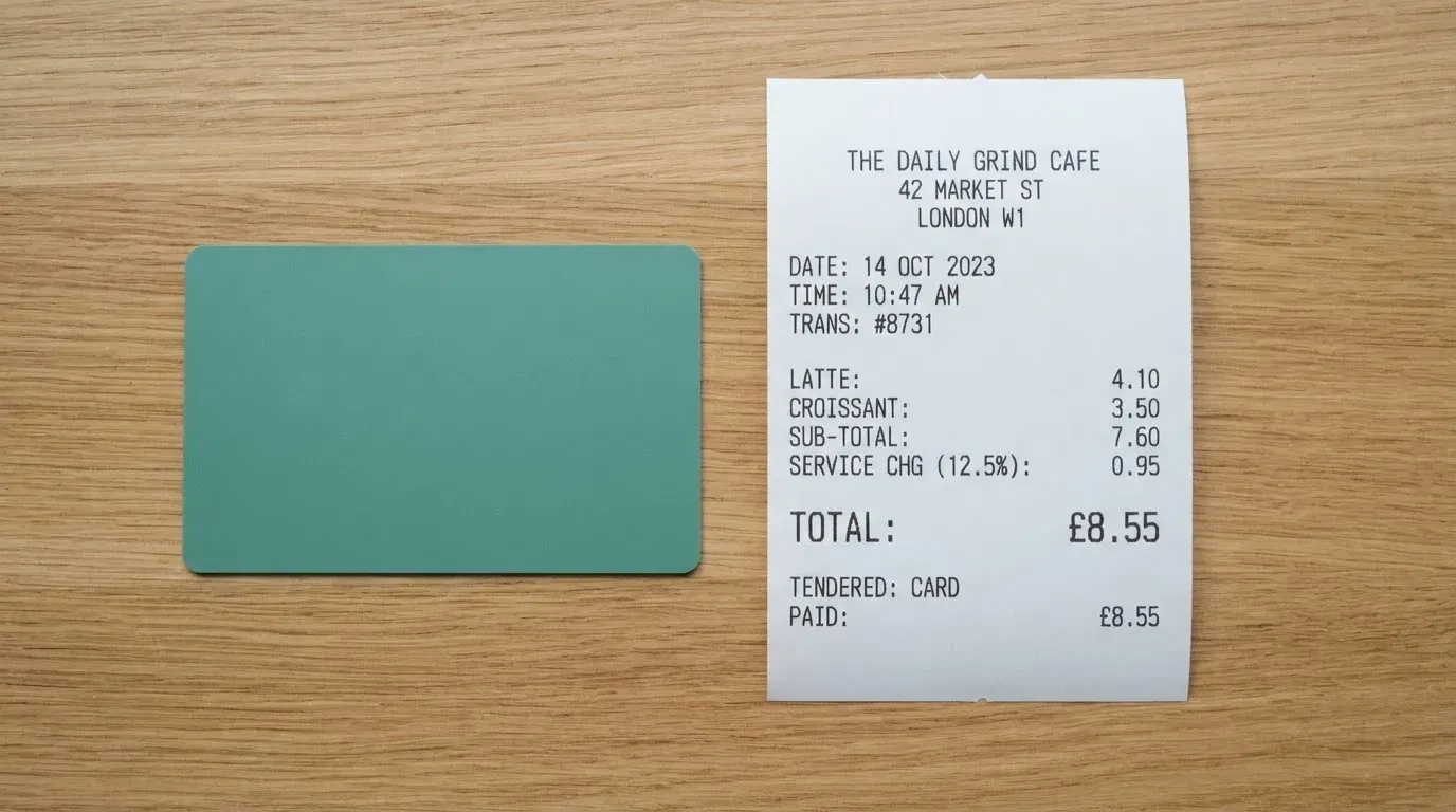 A receipt and a card on a café table