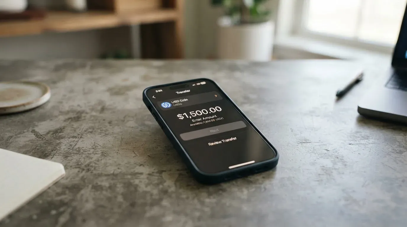 A phone showing a stablecoin transfer screen