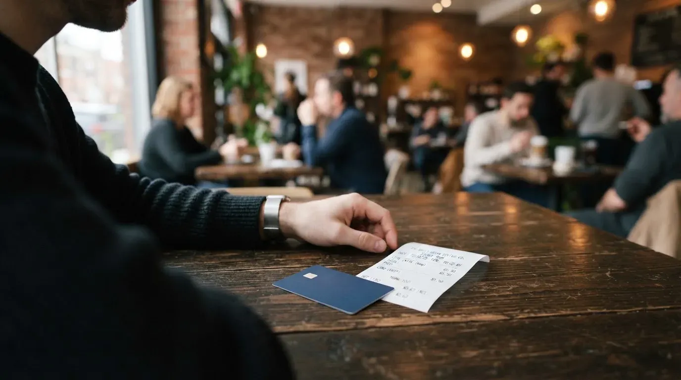 A receipt and a card on a café table