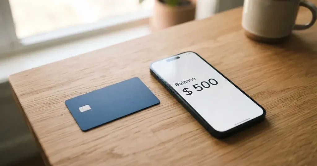 A payment card next to a phone with a crypto wallet app open